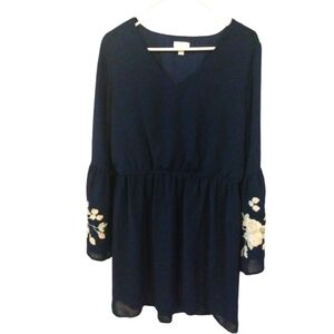 Charming Charlie Embroidered Bell Slve. Dress Navy w. White Florals Romantic L